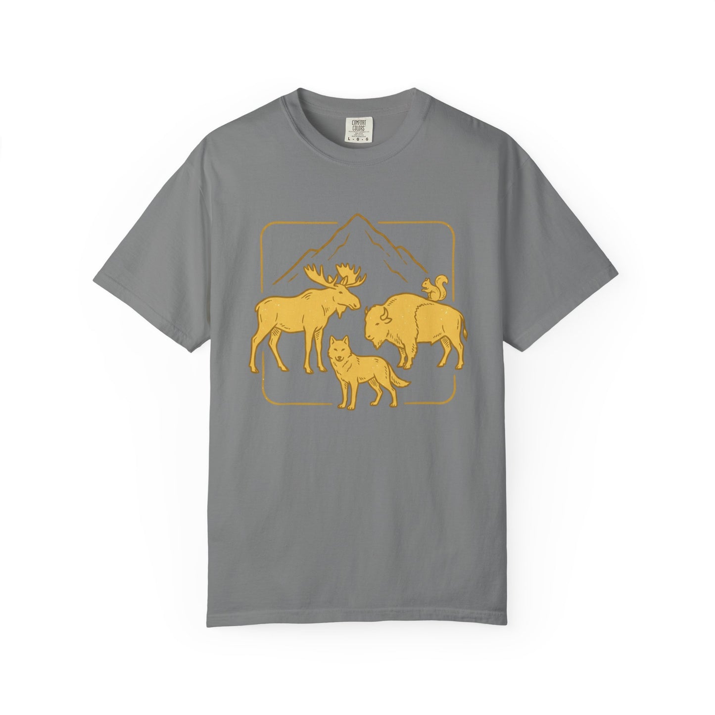 Wildlife Trio T-Shirt — Moose, Wolf & Bison Mountain Graphic