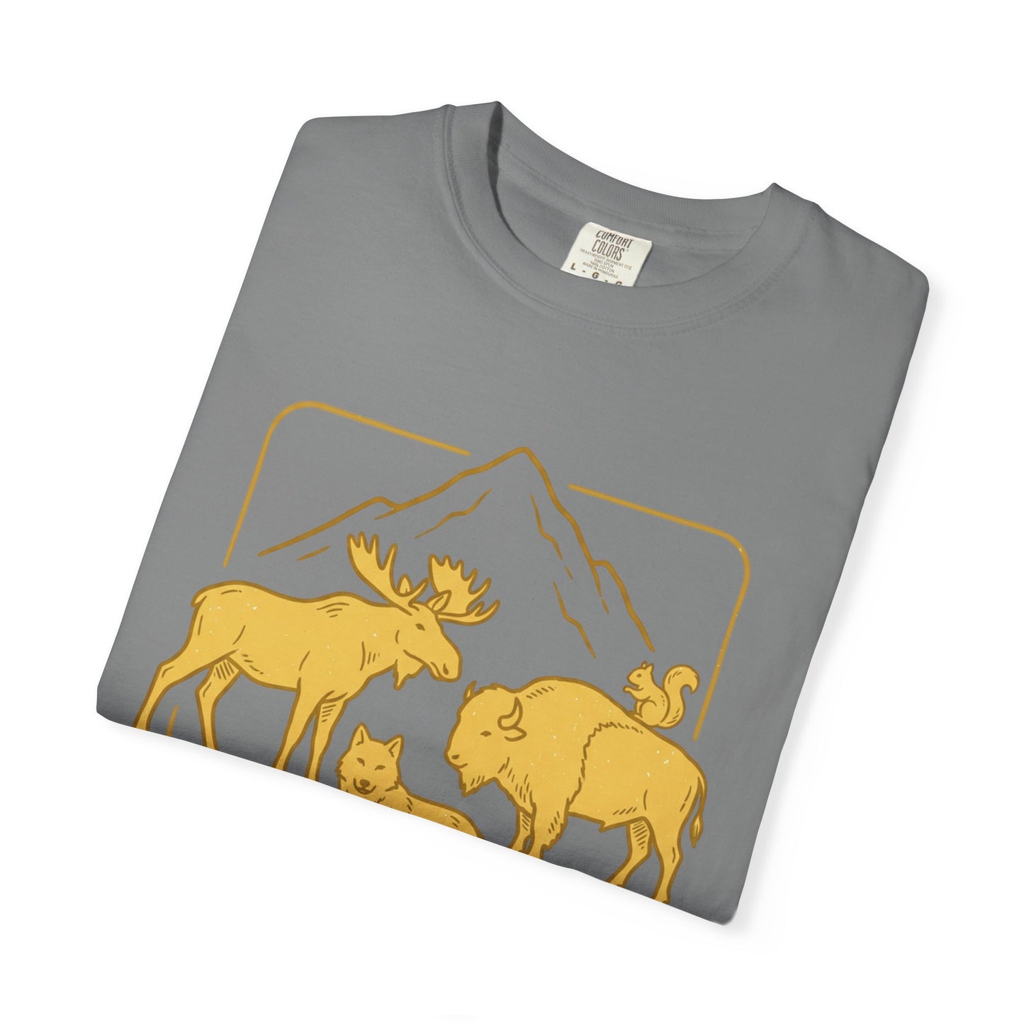 Wildlife Trio T-Shirt — Moose, Wolf & Bison Mountain Graphic