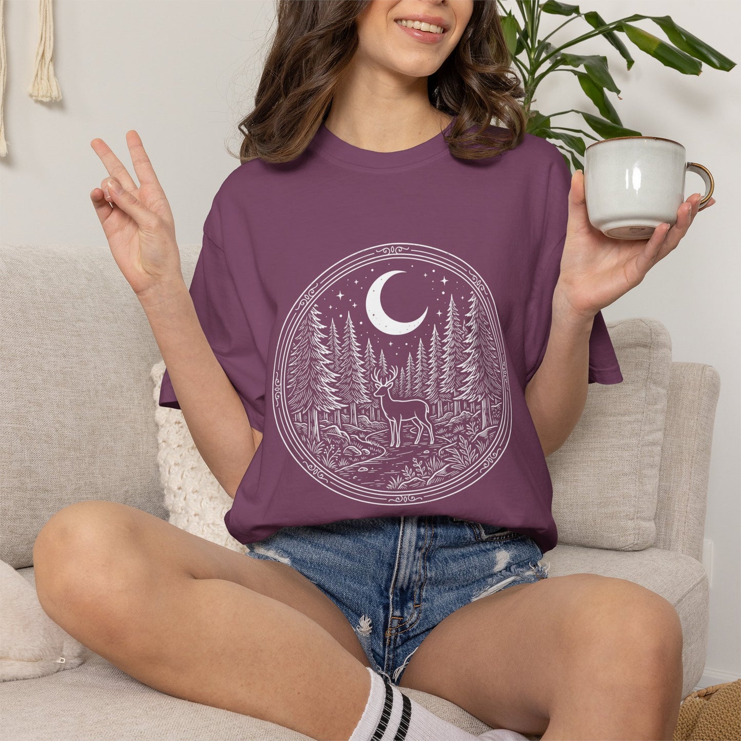 Moonlit Forest Deer T-Shirt — Rustic Night Sky Nature Graphic Tee