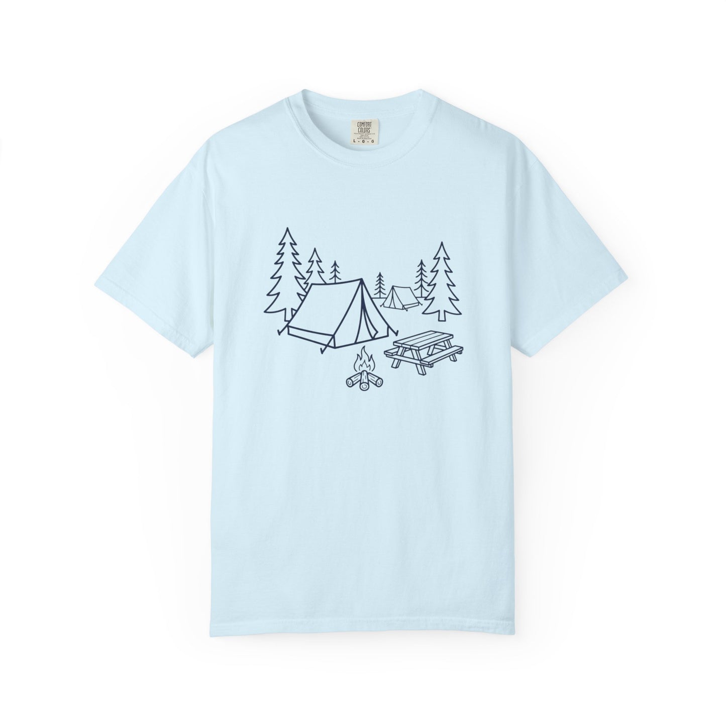 Camping Line Art T-Shirt — Tent, Campfire & Picnic Graphic Tee
