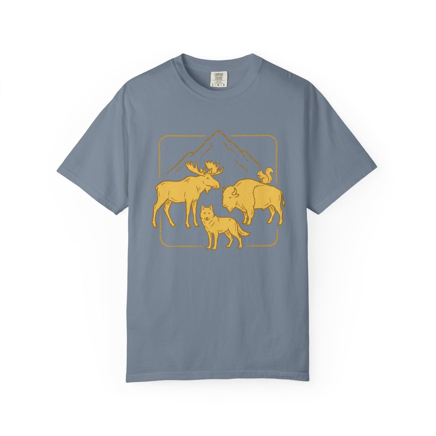 Wildlife Trio T-Shirt — Moose, Wolf & Bison Mountain Graphic