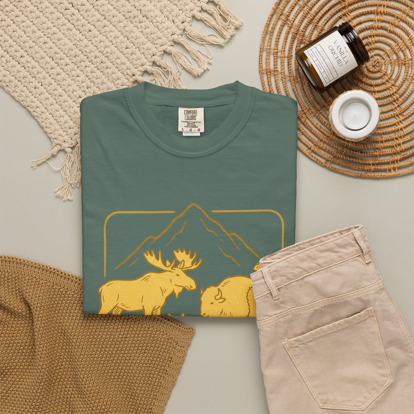 Wildlife Trio T-Shirt — Moose, Wolf & Bison Mountain Graphic