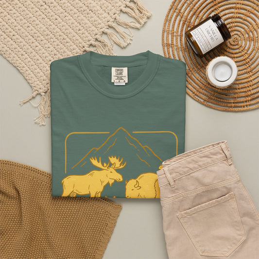 Wildlife Trio T-Shirt — Moose, Wolf & Bison Mountain Graphic