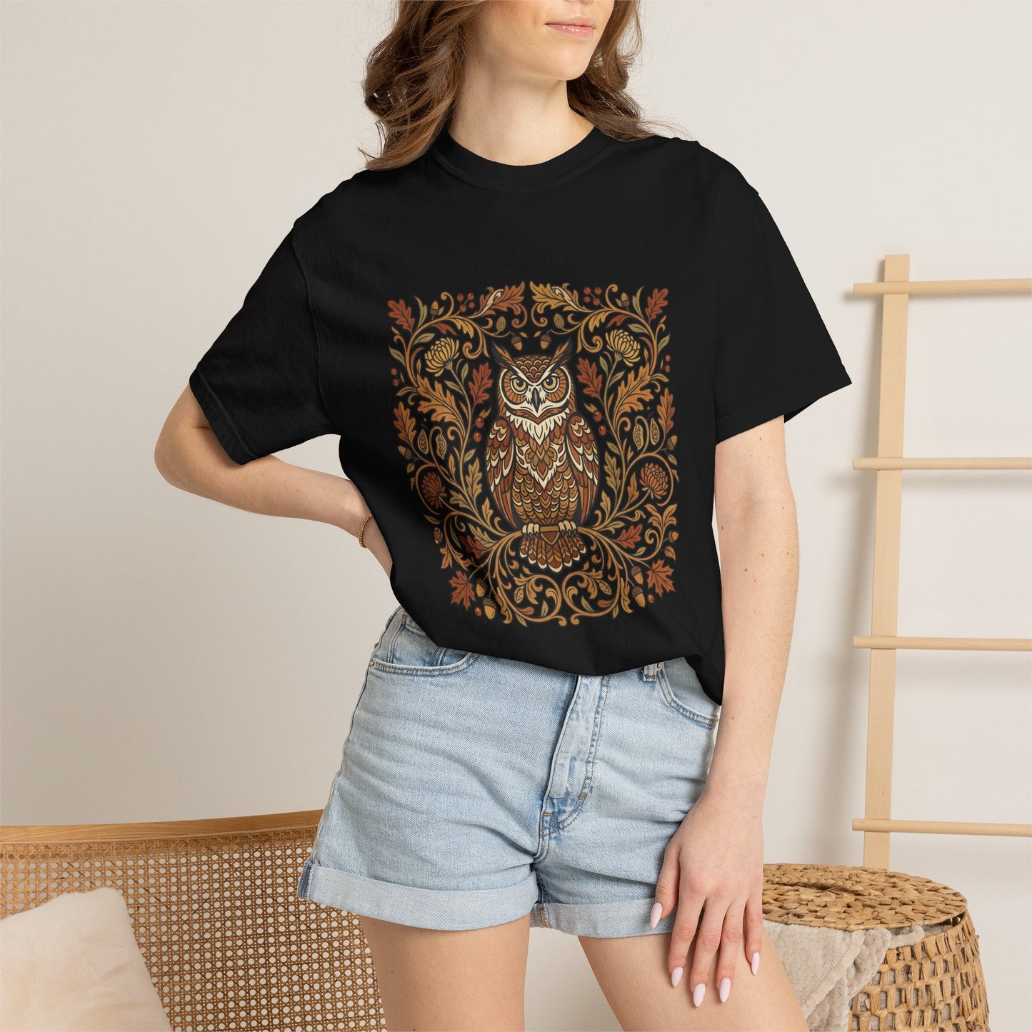 Vintage Floral Owl T-Shirt — Autumn Folk Art Graphic Tee