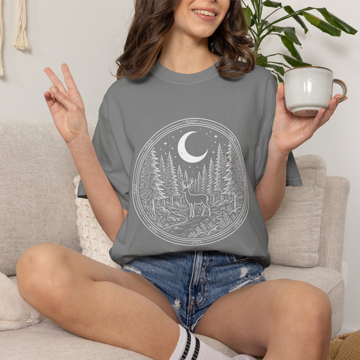 Moonlit Forest Deer T-Shirt — Rustic Night Sky Nature Graphic Tee