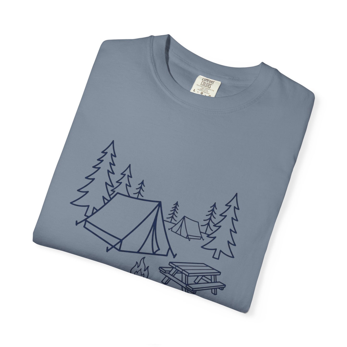 Camping Line Art T-Shirt — Tent, Campfire & Picnic Graphic Tee