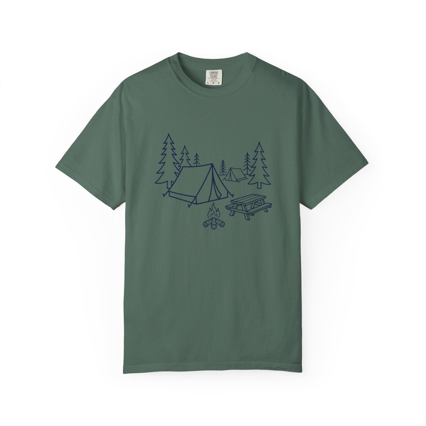 Camping Line Art T-Shirt — Tent, Campfire & Picnic Graphic Tee