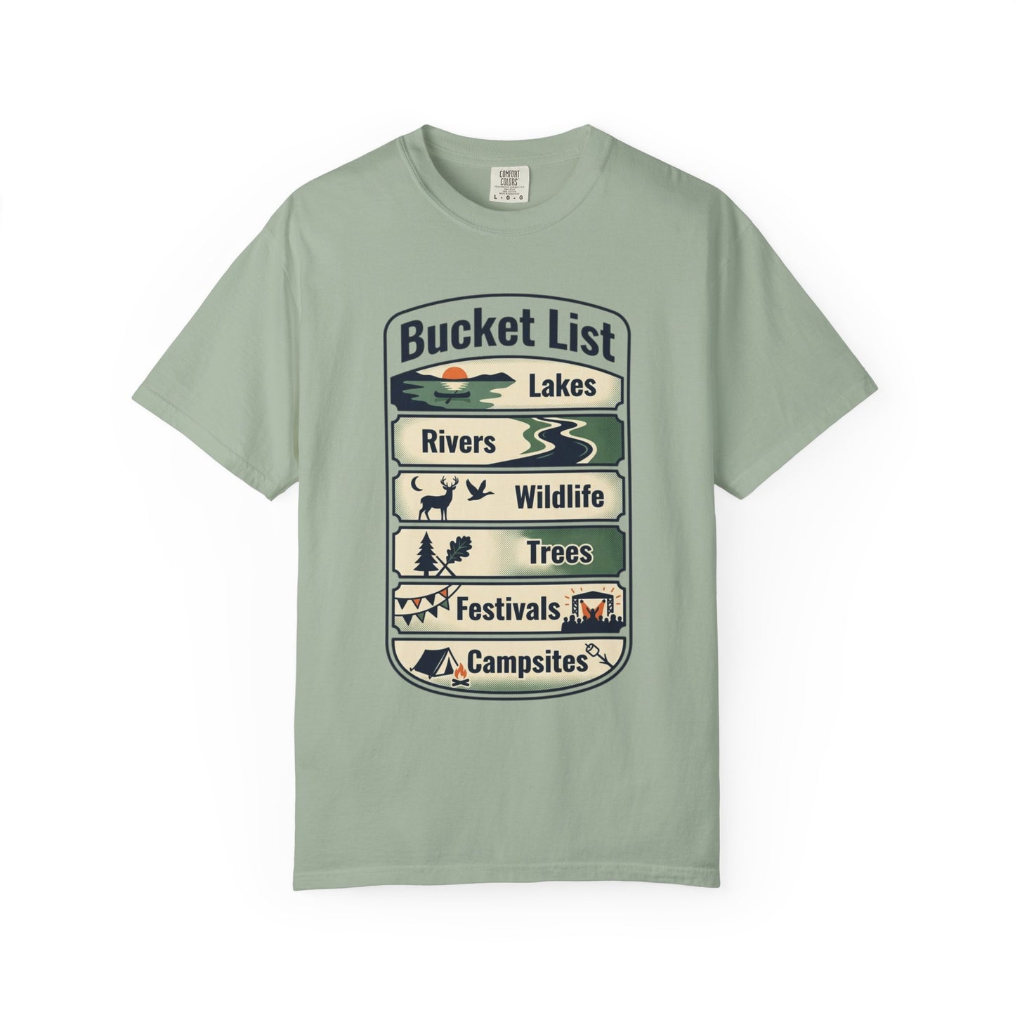 Bucket List Outdoors T‑Shirt — Lakes, Rivers, Wildlife, Trees, Festivals & Campsites
