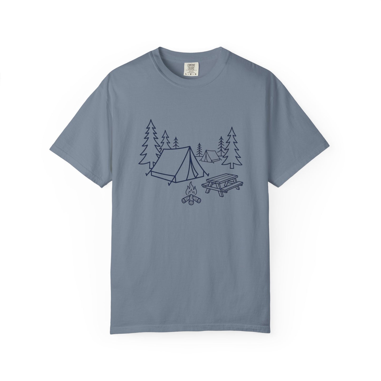 Camping Line Art T-Shirt — Tent, Campfire & Picnic Graphic Tee
