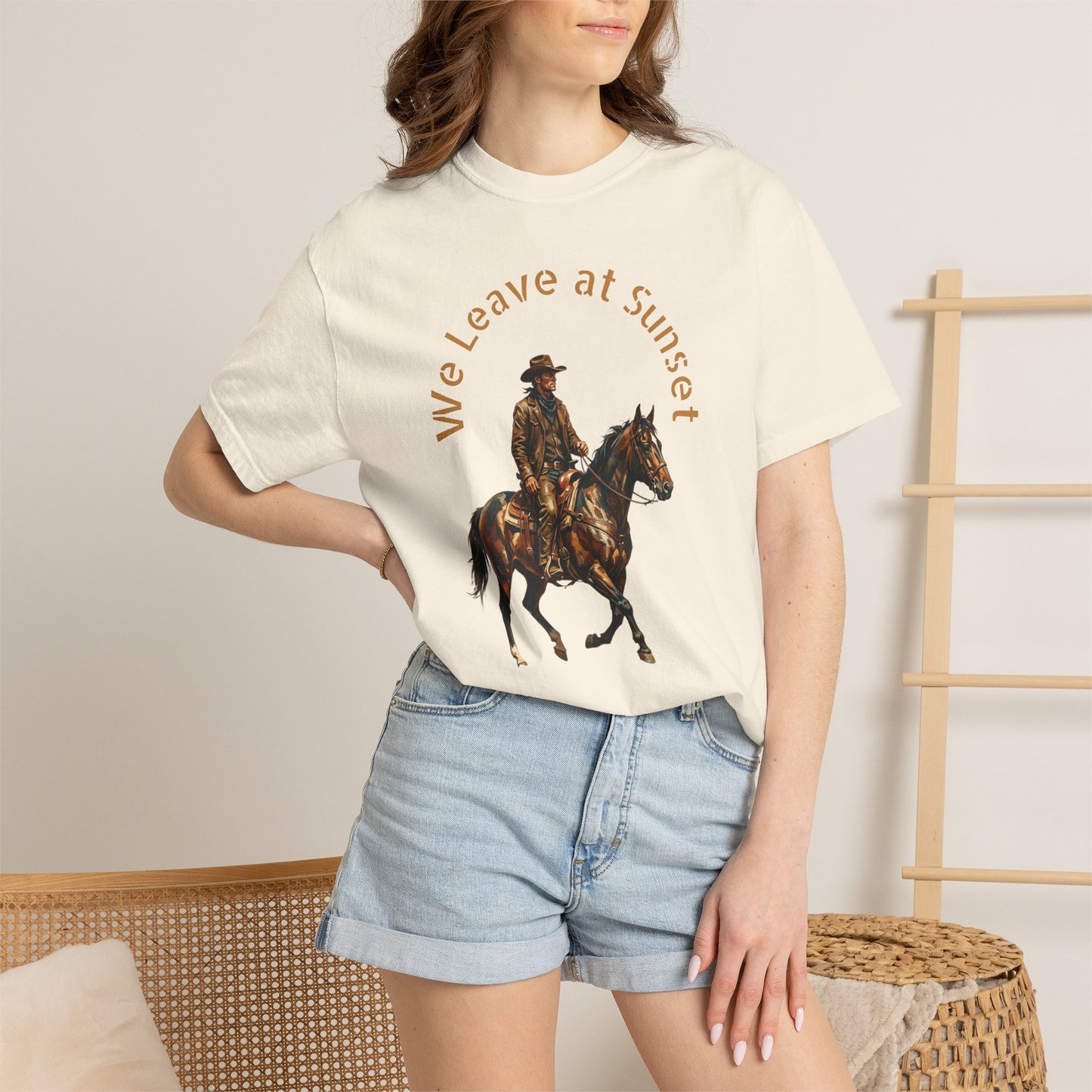 Cowboy at Sunset T-Shirt — "We Leave at Sunset" Western Horse Tee
