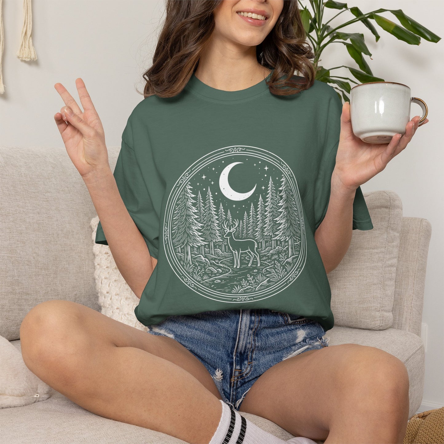 Moonlit Forest Deer T-Shirt — Rustic Night Sky Nature Graphic Tee