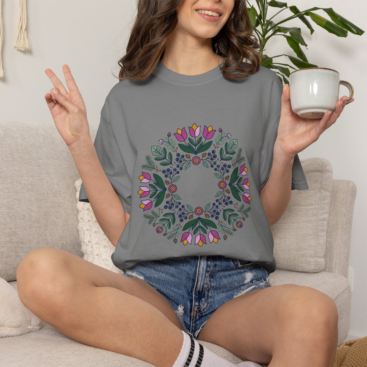 Floral Wreath T-Shirt — Botanical Circle Graphic Tee