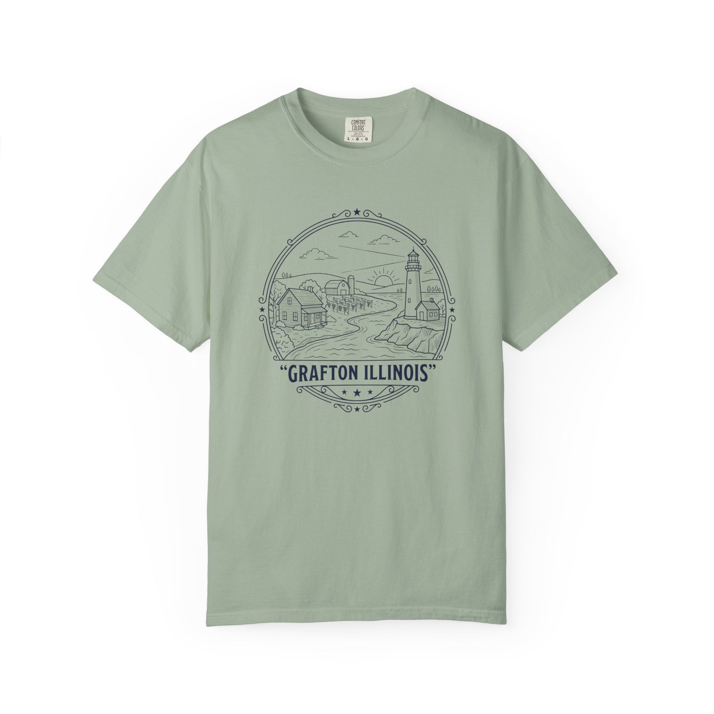 Grafton Illinois Scenic T-Shirt — Vintage Lighthouse River Illustration