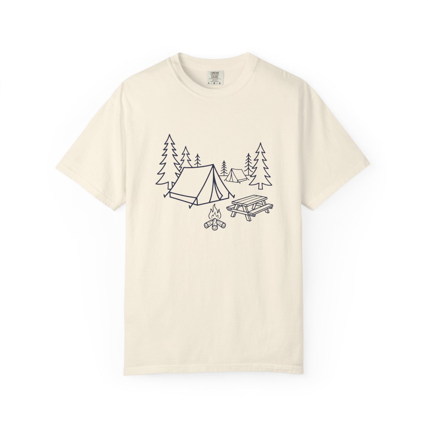 Camping Line Art T-Shirt — Tent, Campfire & Picnic Graphic Tee