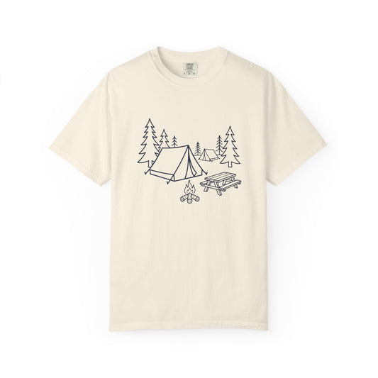 Camping Line Art T-Shirt — Tent, Campfire & Picnic Graphic Tee