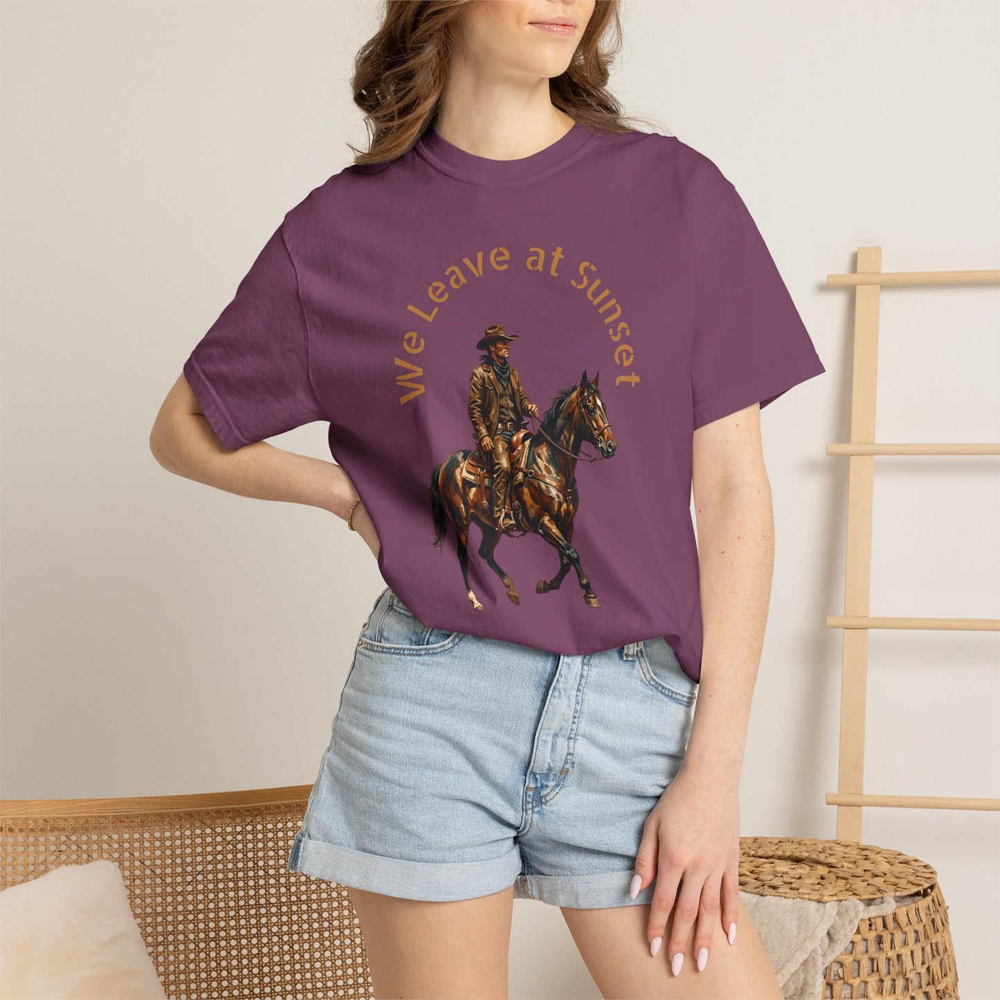 Cowboy at Sunset T-Shirt — "We Leave at Sunset" Western Horse Tee