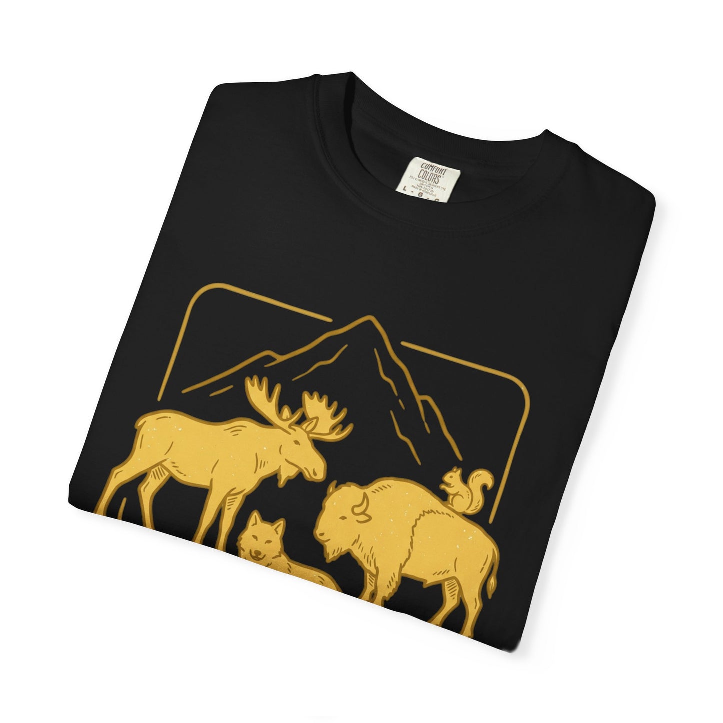 Wildlife Trio T-Shirt — Moose, Wolf & Bison Mountain Graphic