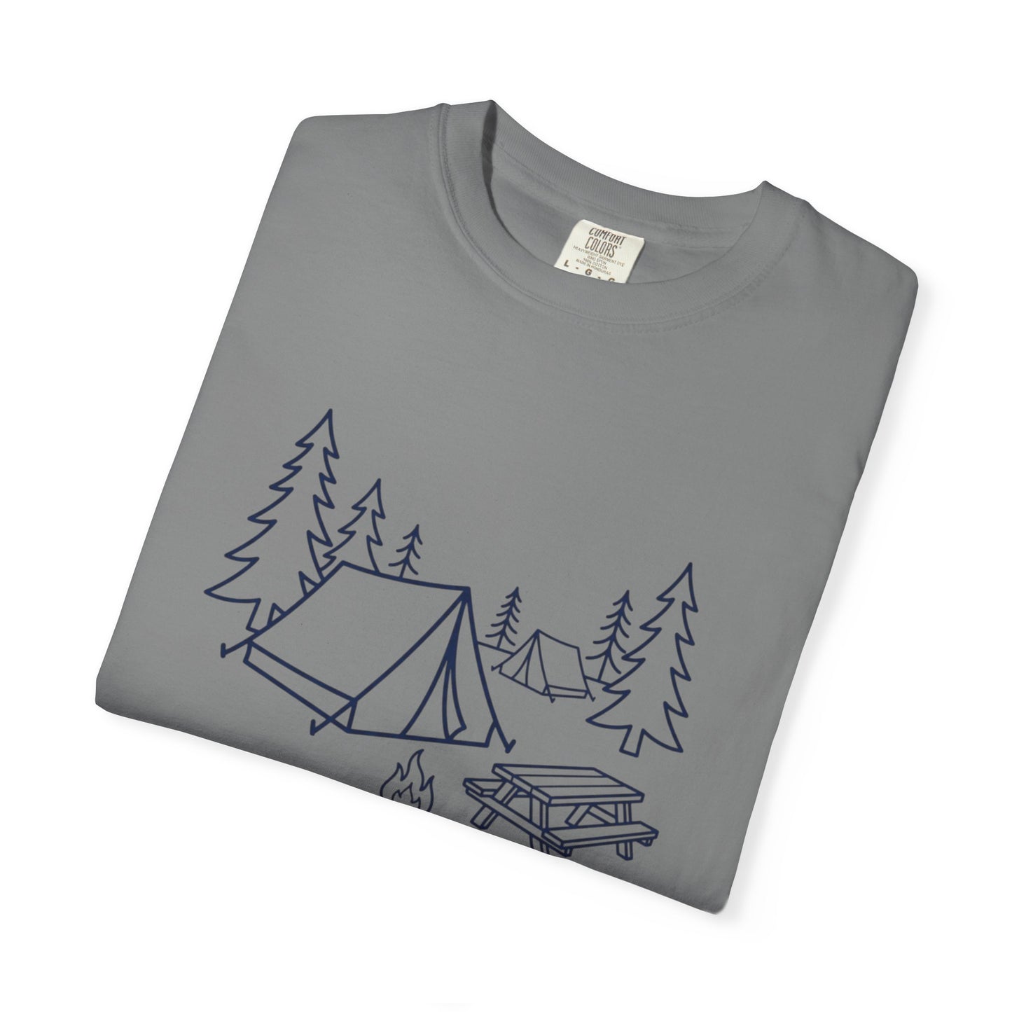 Camping Line Art T-Shirt — Tent, Campfire & Picnic Graphic Tee
