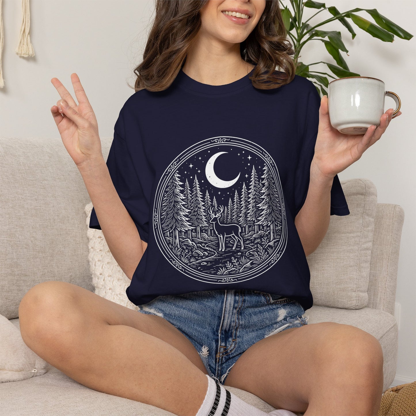 Moonlit Forest Deer T-Shirt — Rustic Night Sky Nature Graphic Tee