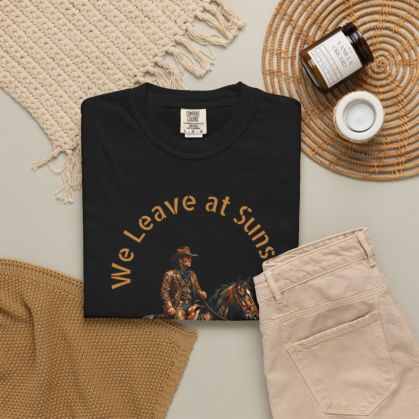 Cowboy at Sunset T-Shirt — "We Leave at Sunset" Western Horse Tee