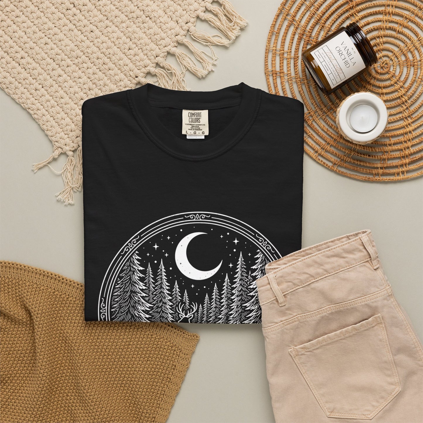 Moonlit Forest Deer T-Shirt — Rustic Night Sky Nature Graphic Tee