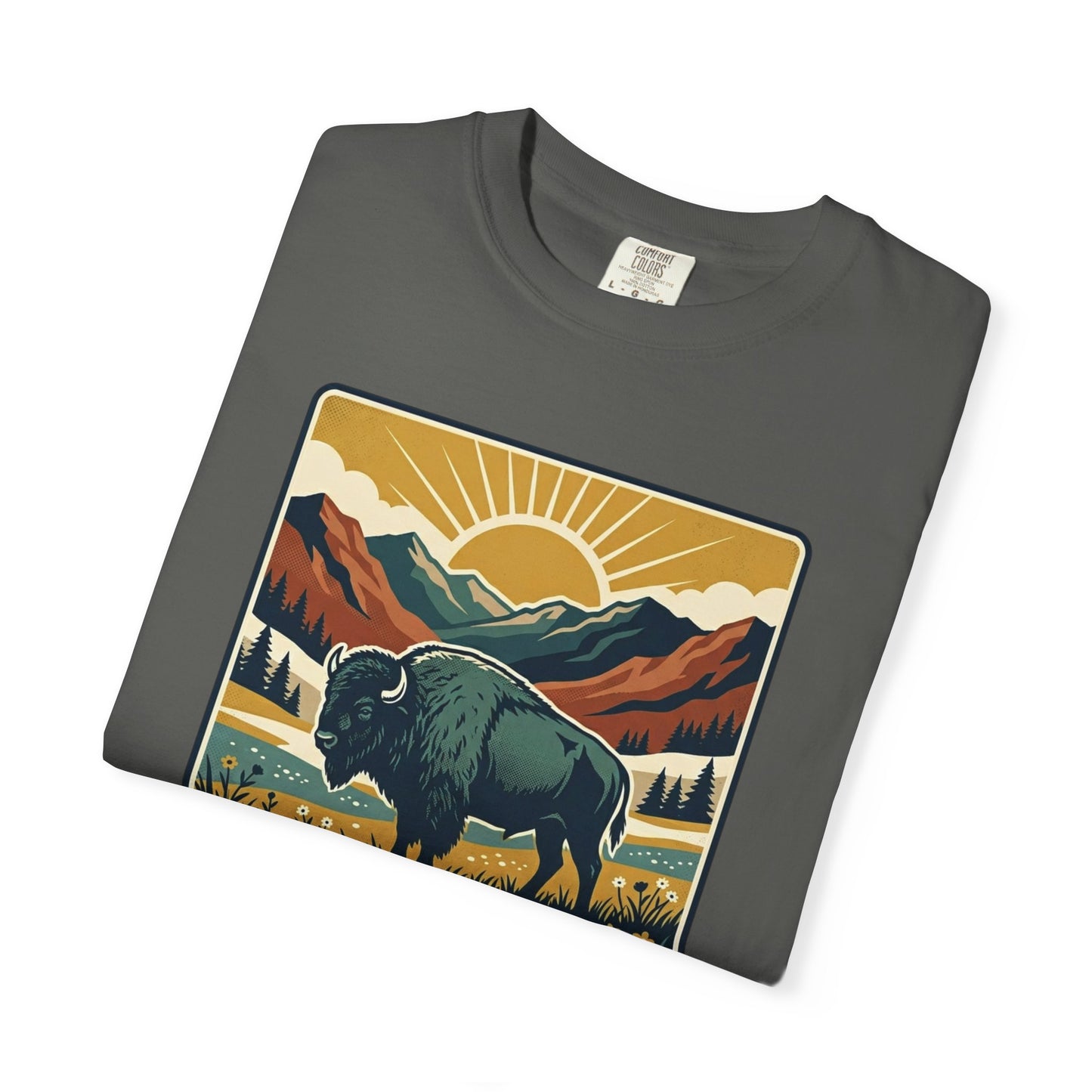 National Parks Buffalo T-Shirt — Retro Mountain Sunset Tee