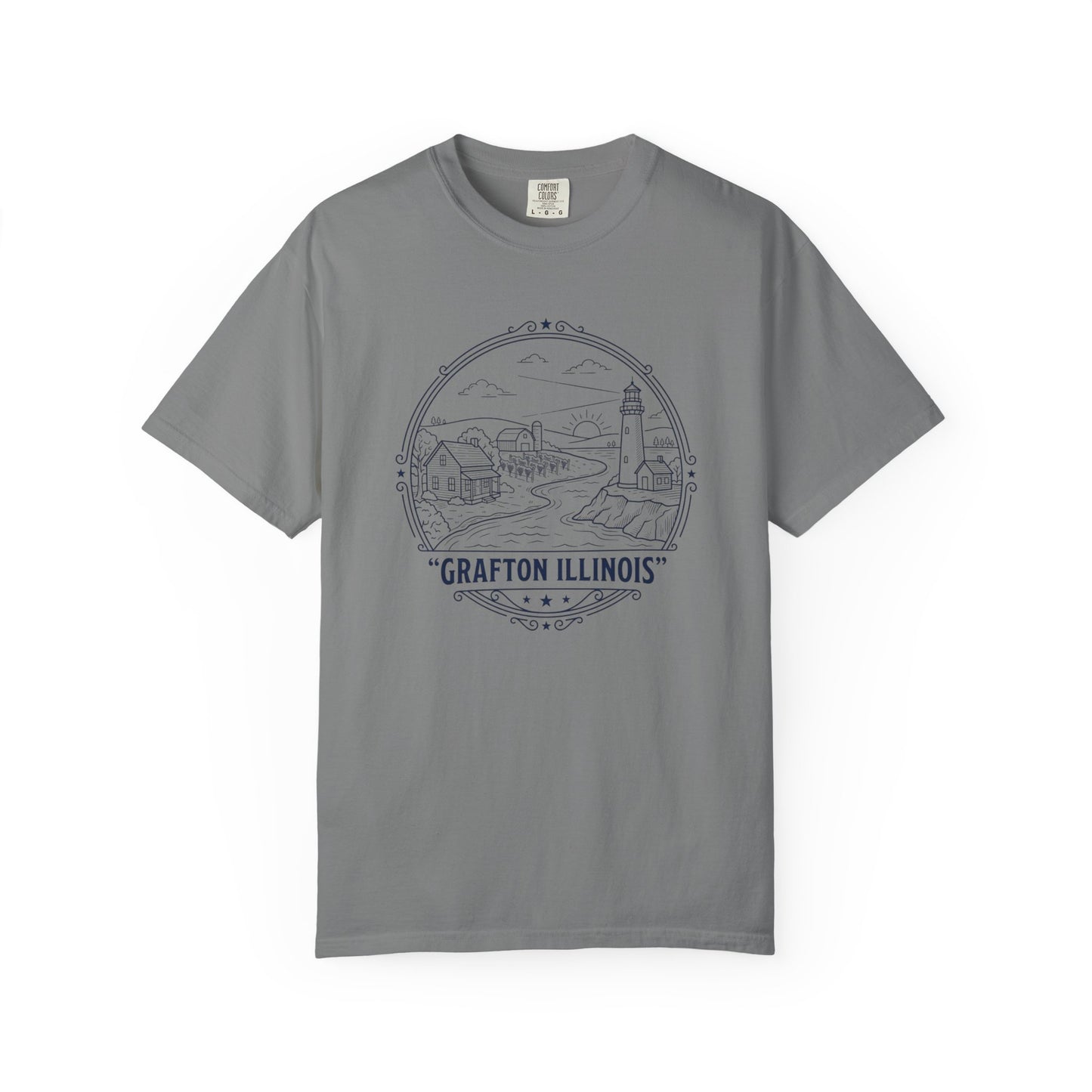Grafton Illinois Scenic T-Shirt — Vintage Lighthouse River Illustration