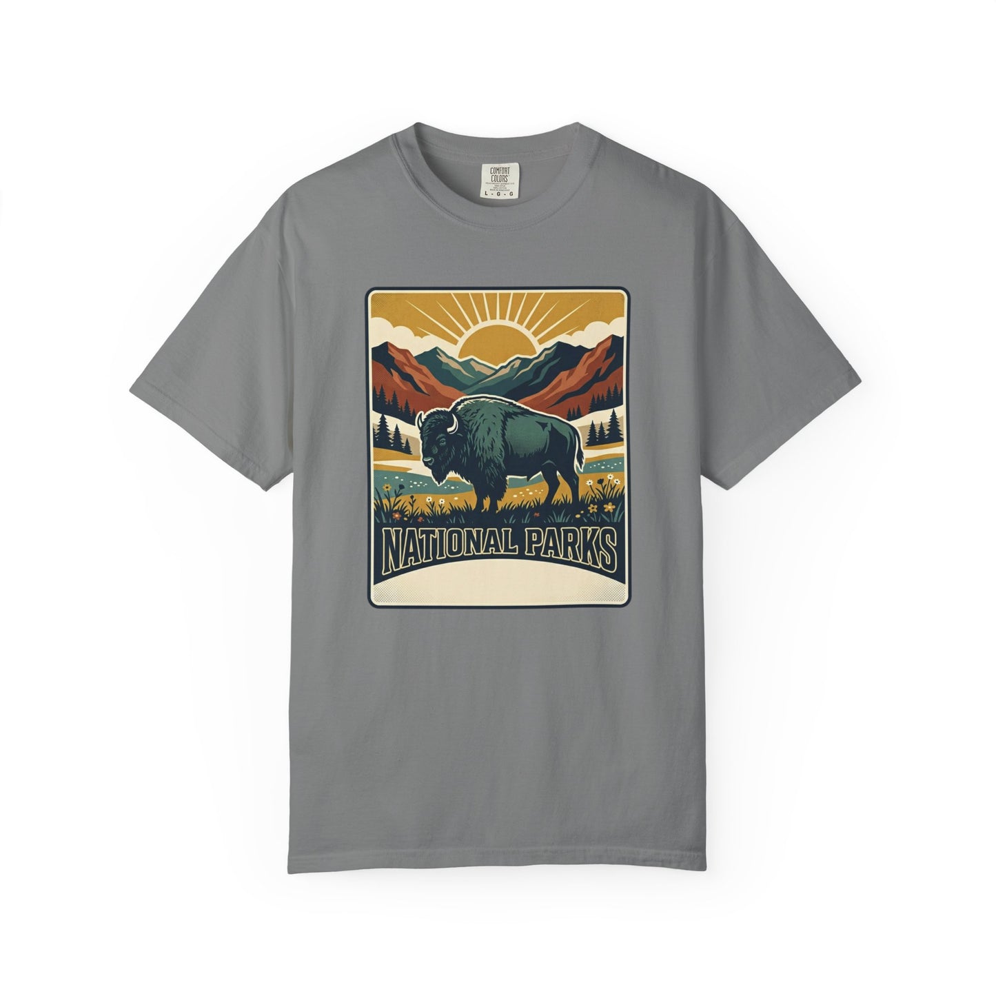 National Parks Buffalo T-Shirt — Retro Mountain Sunset Tee