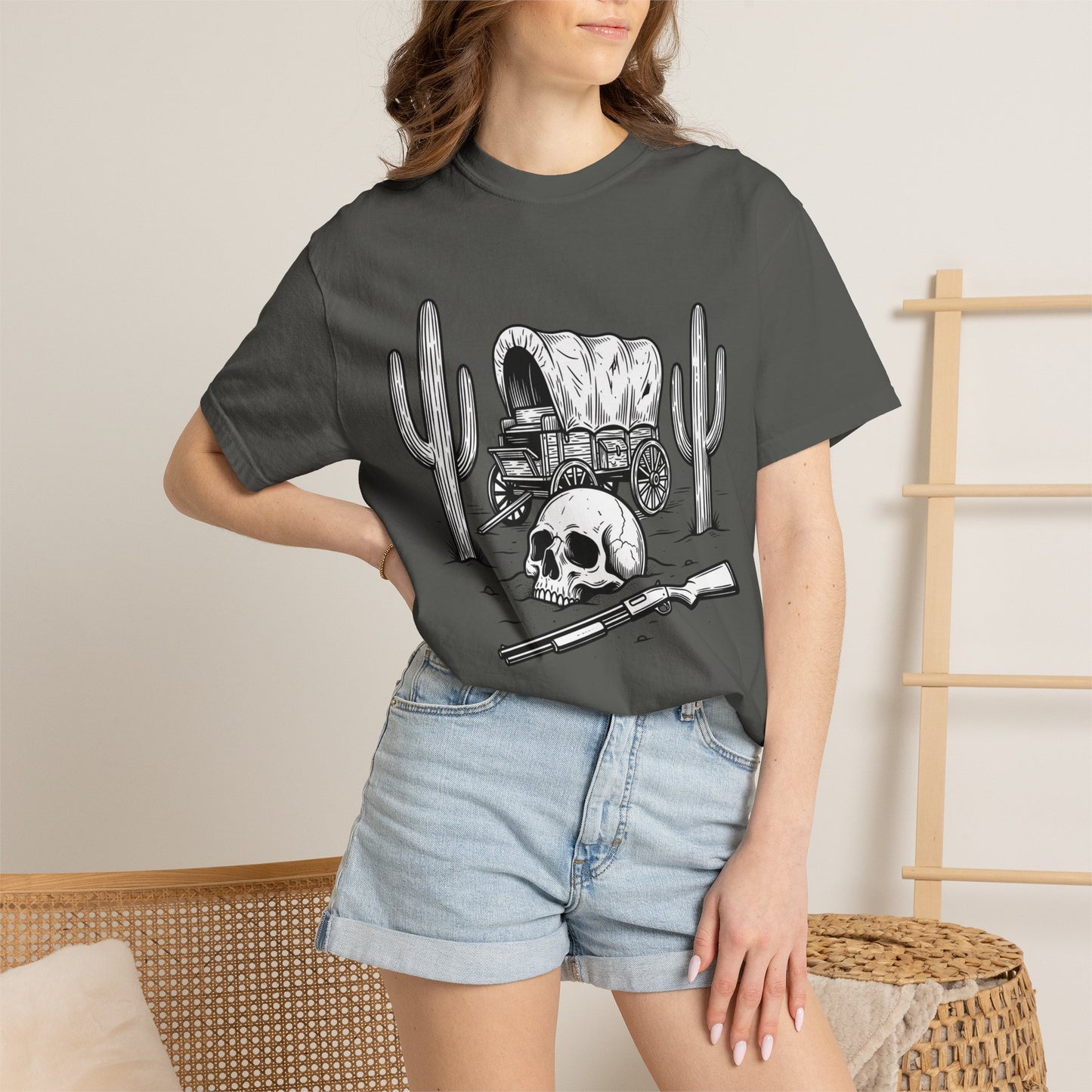 Western Skull & Wagon T-Shirt — Desert Cactus Graphic Tee