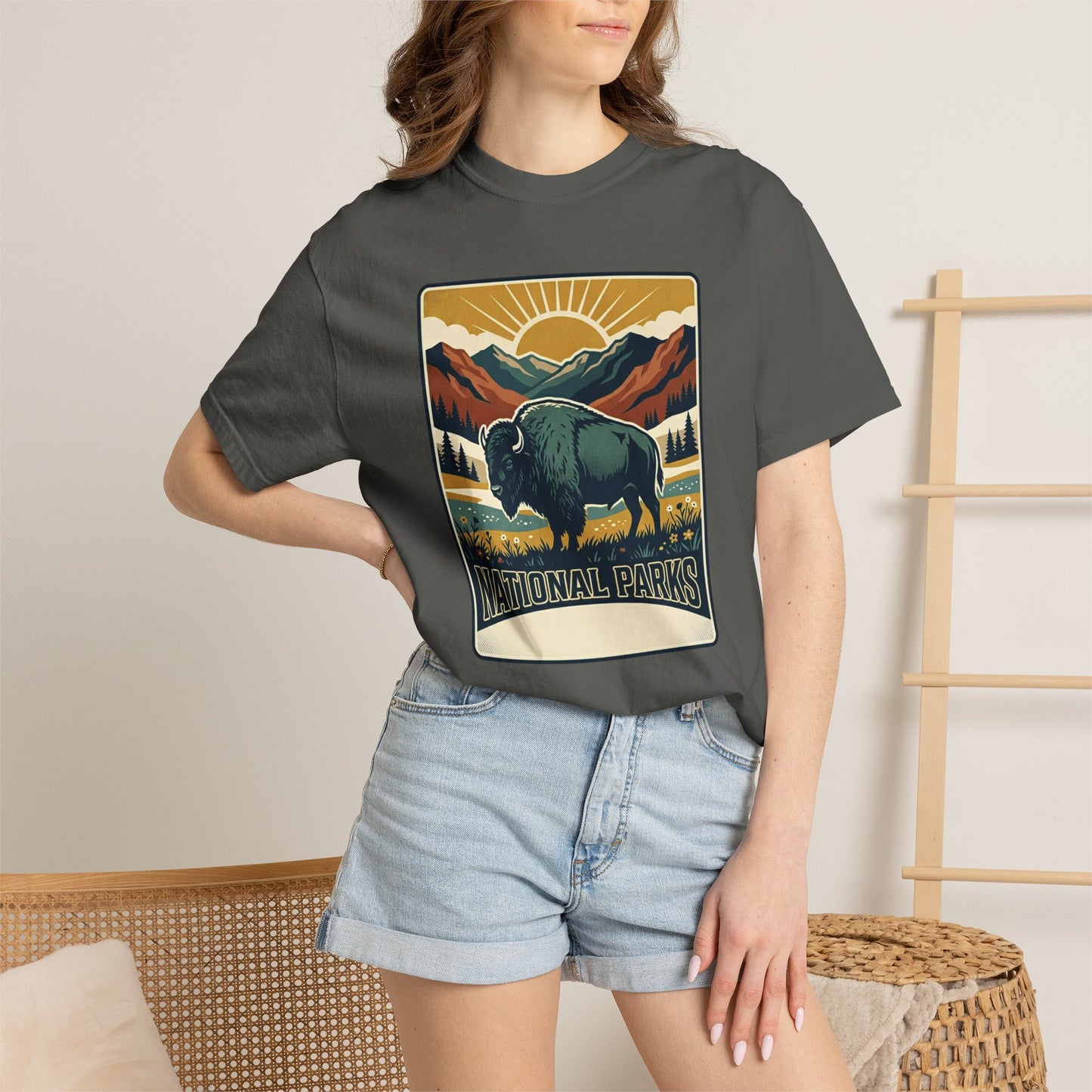 National Parks Buffalo T-Shirt — Retro Mountain Sunset Tee