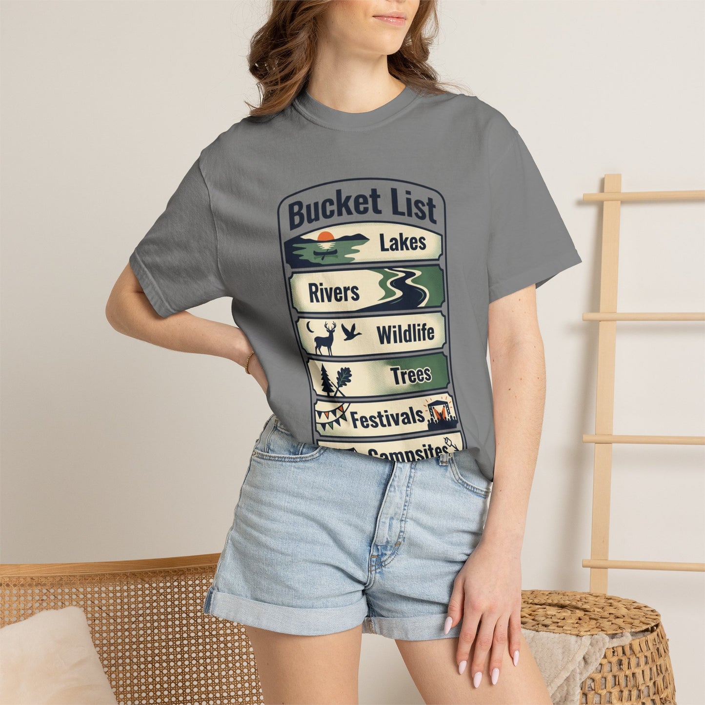 Bucket List Outdoors T‑Shirt — Lakes, Rivers, Wildlife, Trees, Festivals & Campsites