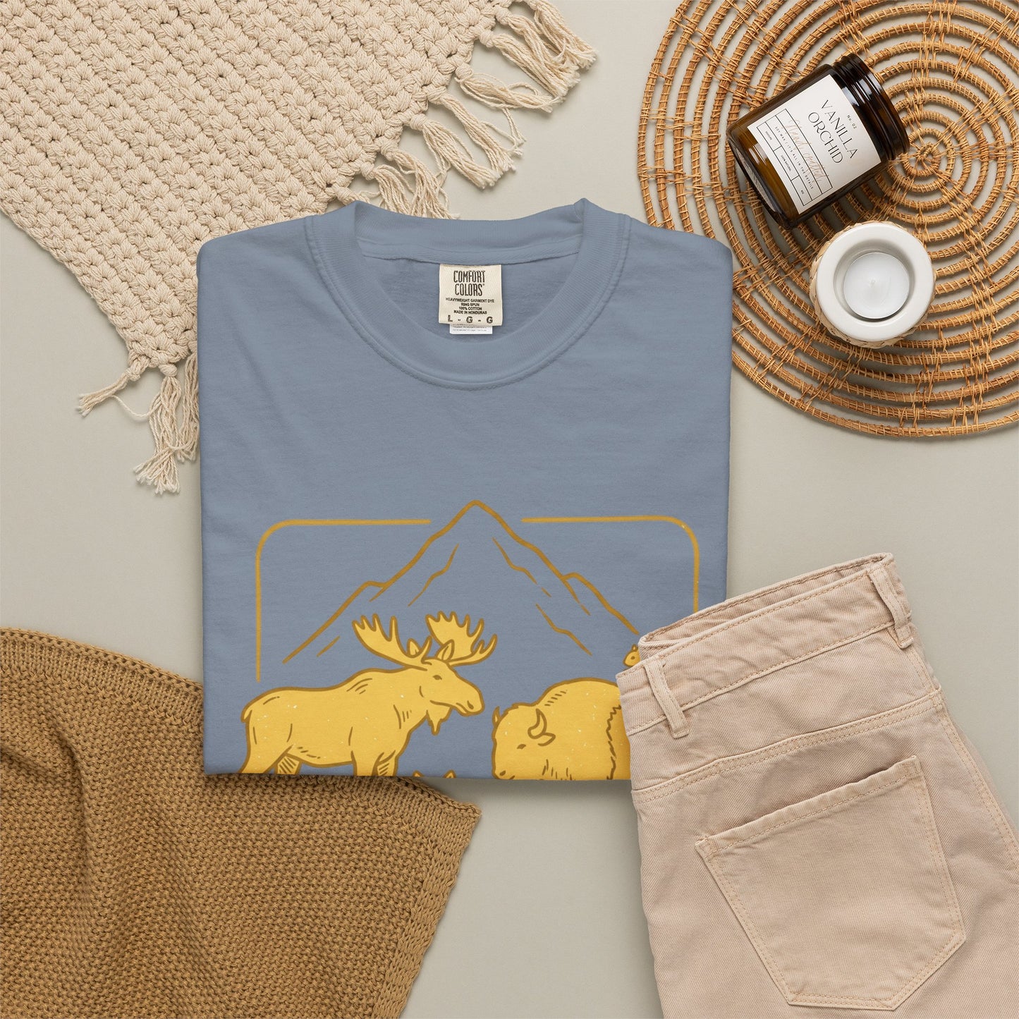 Wildlife Trio T-Shirt — Moose, Wolf & Bison Mountain Graphic
