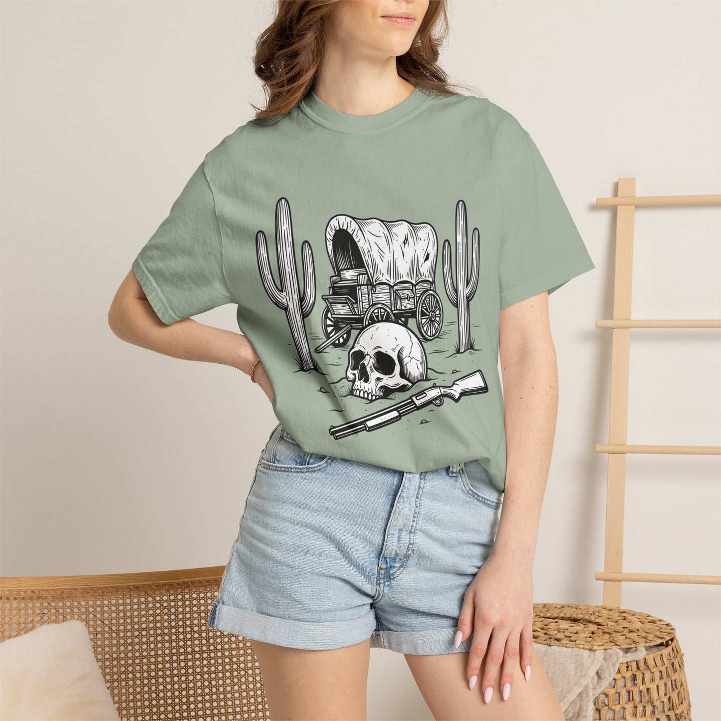 Western Skull & Wagon T-Shirt — Desert Cactus Graphic Tee