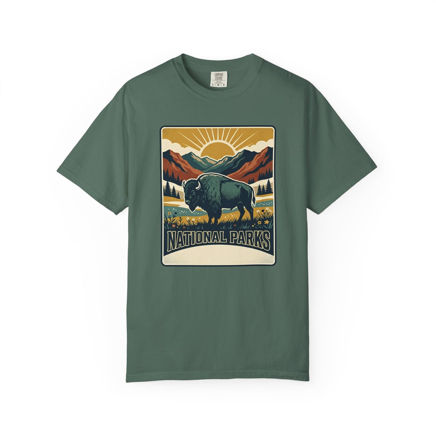 National Parks Buffalo T-Shirt — Retro Mountain Sunset Tee