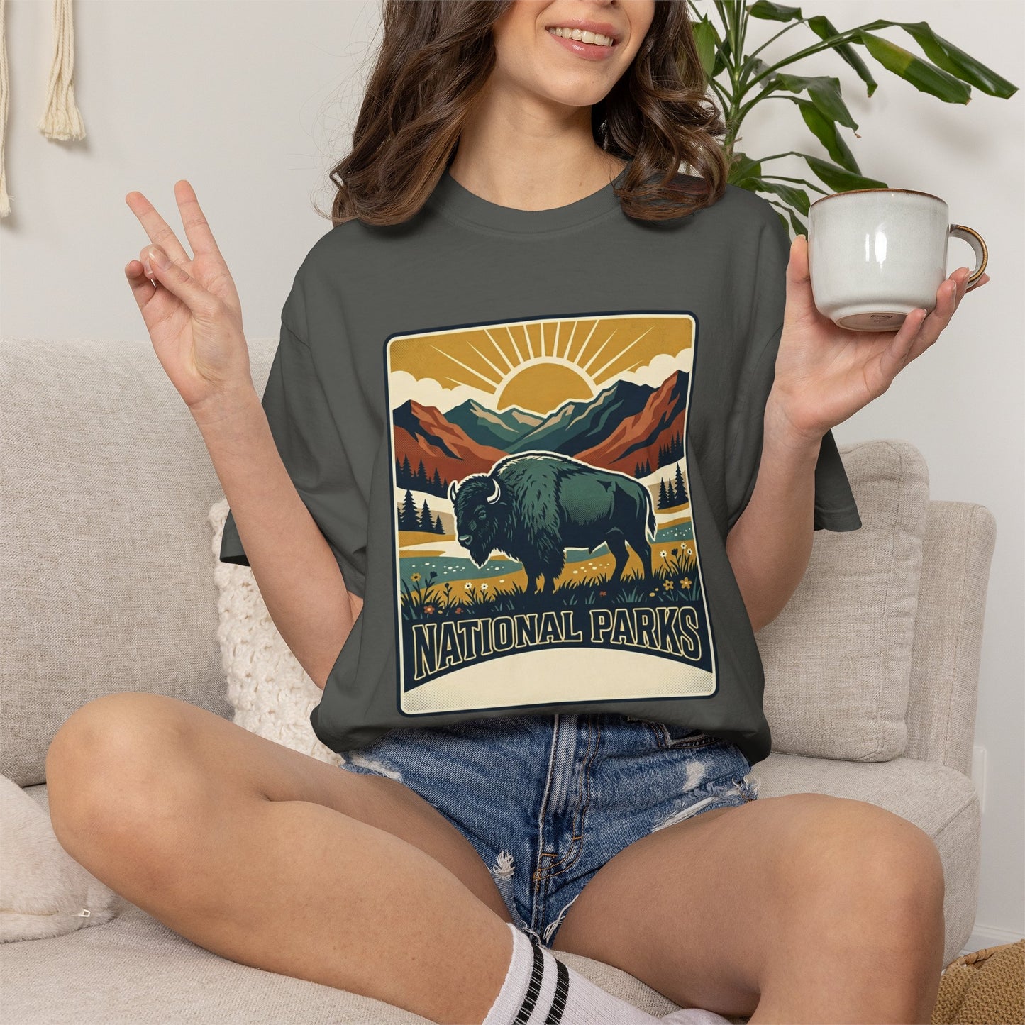National Parks Buffalo T-Shirt — Retro Mountain Sunset Tee