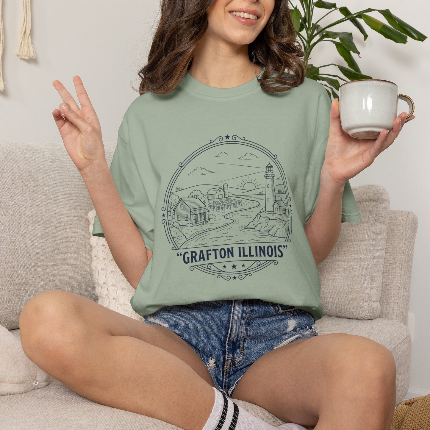 Grafton Illinois Scenic T-Shirt — Vintage Lighthouse River Illustration
