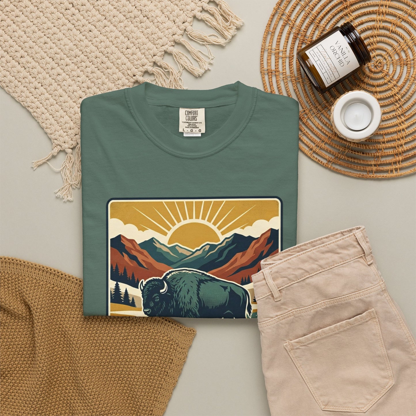 National Parks Buffalo T-Shirt — Retro Mountain Sunset Tee