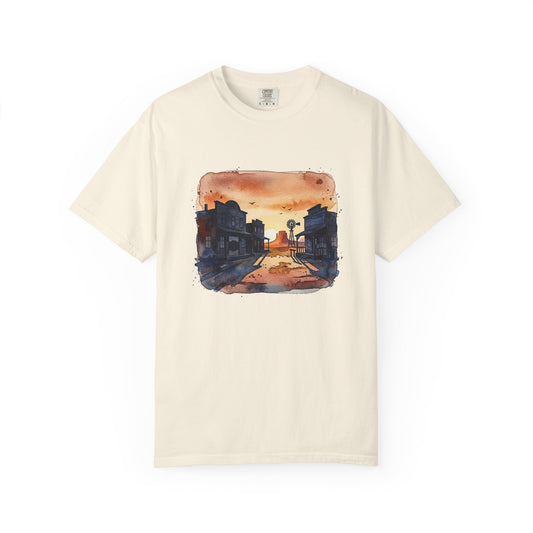 Sunset Main Street T-Shirt — Vintage Watercolor Small Town Sunset Tee