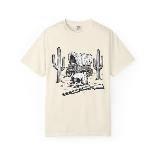 Western Skull & Wagon T-Shirt — Desert Cactus Graphic Tee