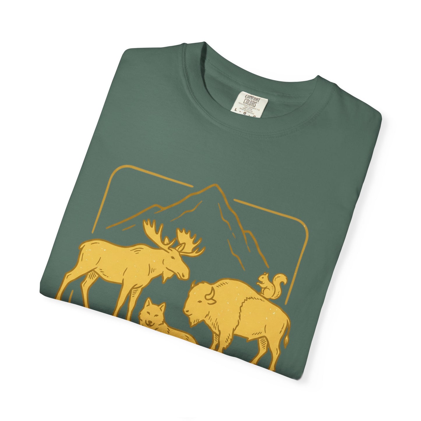 Wildlife Trio T-Shirt — Moose, Wolf & Bison Mountain Graphic