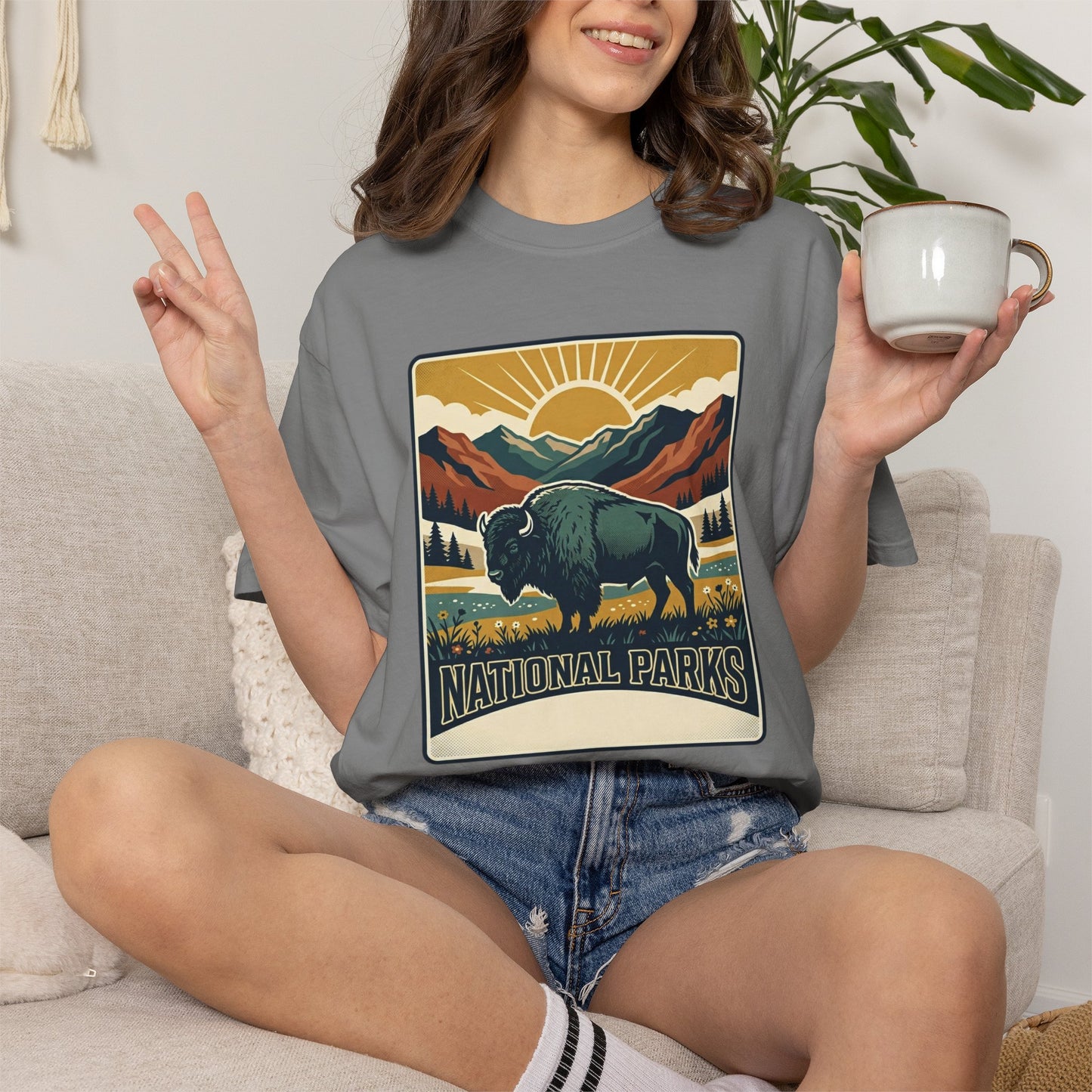 National Parks Buffalo T-Shirt — Retro Mountain Sunset Tee
