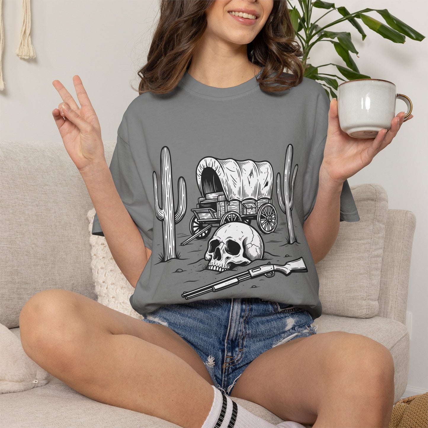 Western Skull & Wagon T-Shirt — Desert Cactus Graphic Tee