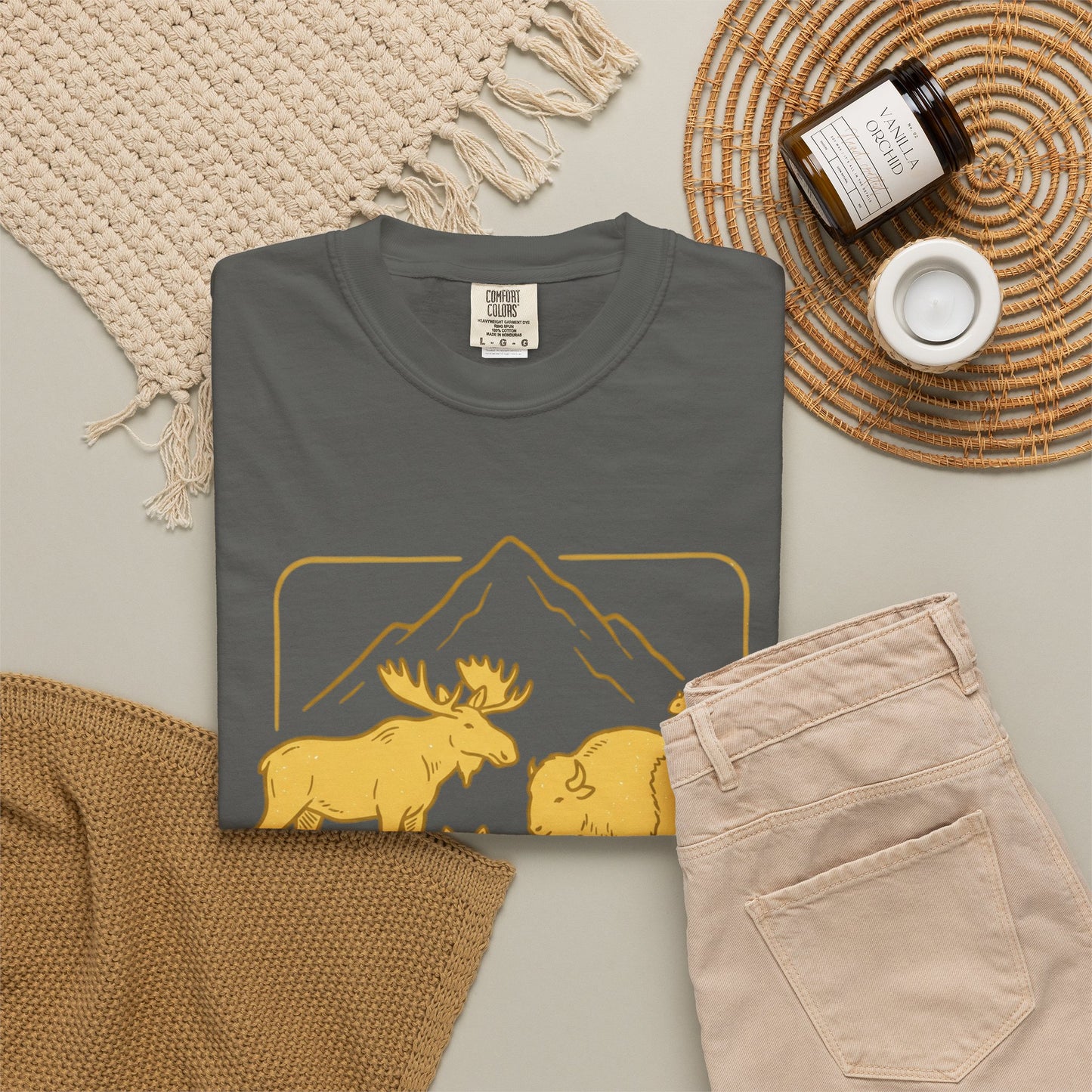 Wildlife Trio T-Shirt — Moose, Wolf & Bison Mountain Graphic