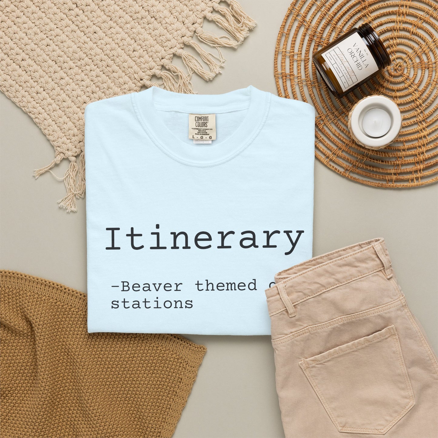 Itinerary Tee — Travel Humor T-Shirt with 'Beaver themed gas stations' List