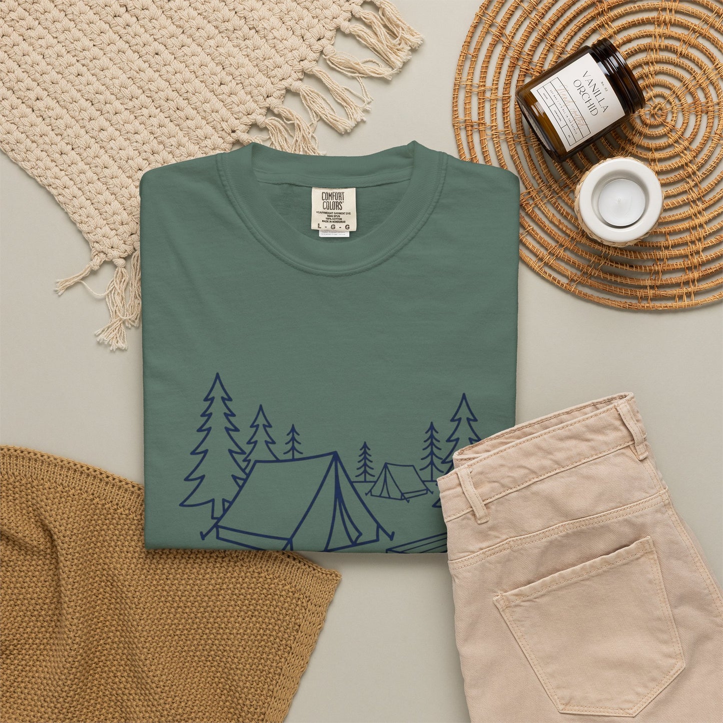 Camping Line Art T-Shirt — Tent, Campfire & Picnic Graphic Tee