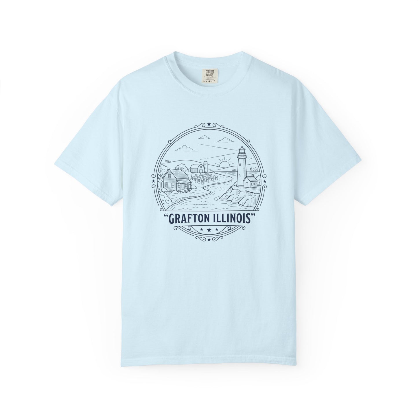 Grafton Illinois Scenic T-Shirt — Vintage Lighthouse River Illustration