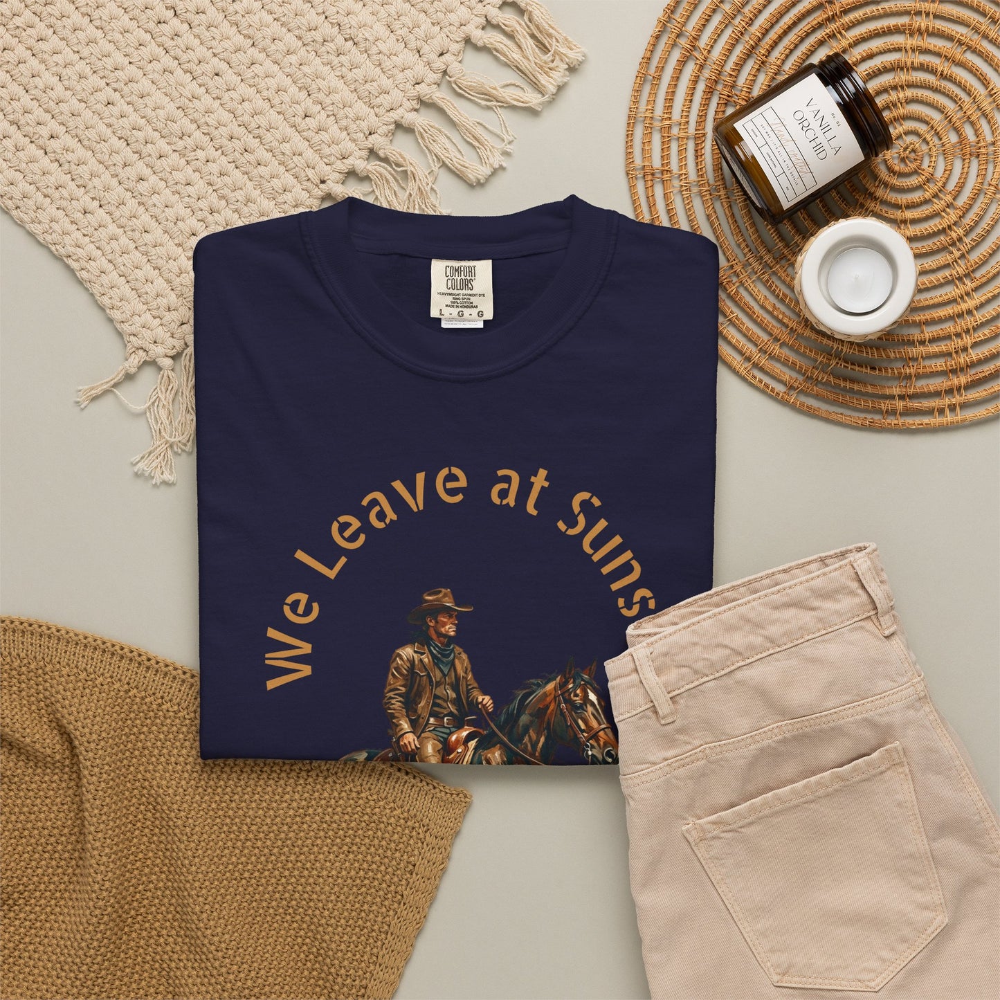 Cowboy at Sunset T-Shirt — "We Leave at Sunset" Western Horse Tee