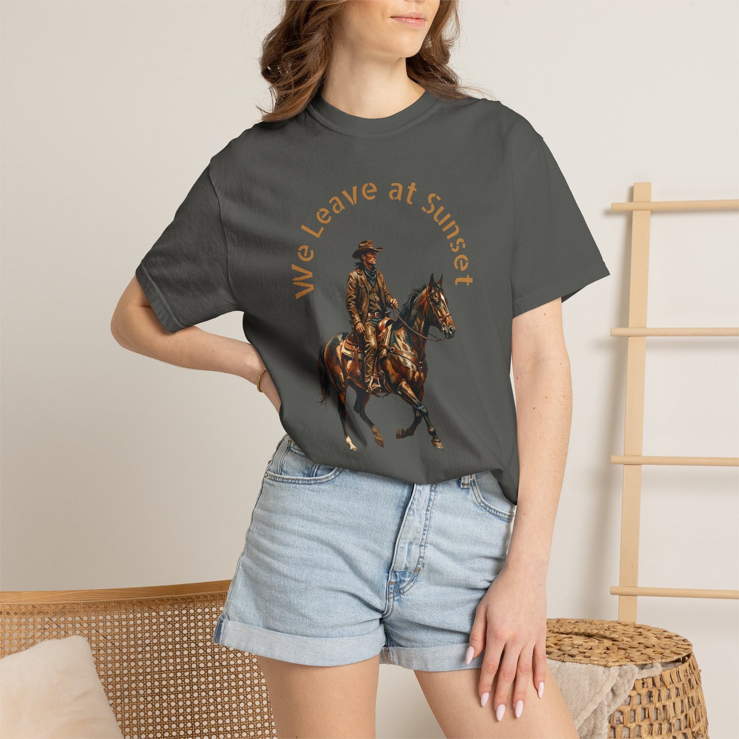 Cowboy at Sunset T-Shirt — "We Leave at Sunset" Western Horse Tee