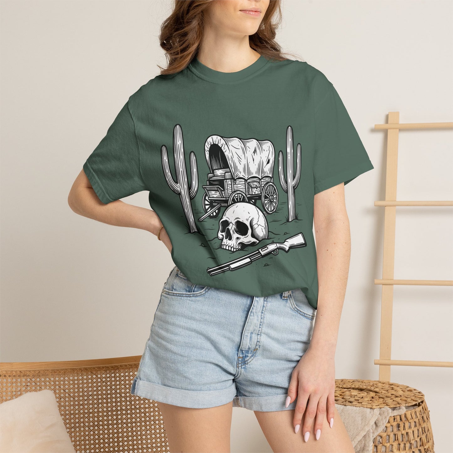 Western Skull & Wagon T-Shirt — Desert Cactus Graphic Tee
