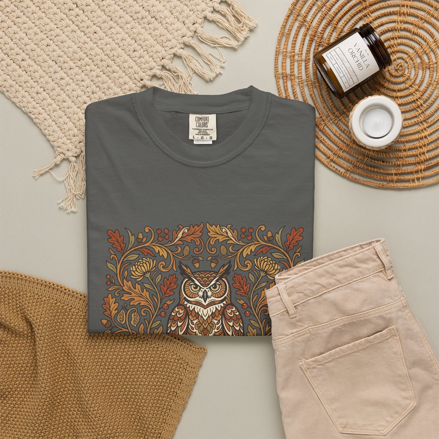 Vintage Floral Owl T-Shirt — Autumn Folk Art Graphic Tee